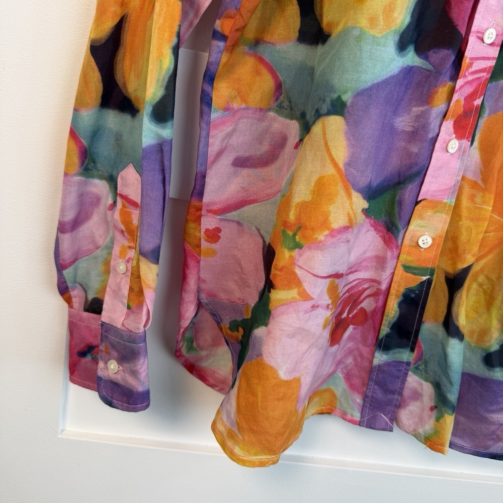 LRL Ralph Lauren Womens S Button Up Floral Silk Cotton Blouse Shirt Watercolors - Picture 5 of 15